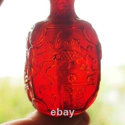 Antiquité Chinoise Signée Handcarved Cherry Amber Snuff Bottle Lotus Calligraphie