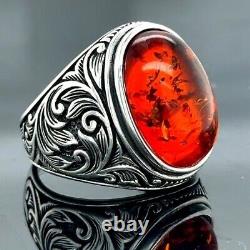 Bague déclaration en argent ambre rouge naturel bague antique 925 sterling fait main