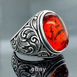 Bague déclaration en argent ambre rouge naturel bague antique 925 sterling fait main