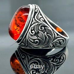 Bague déclaration en argent ambre rouge naturel bague antique 925 sterling fait main