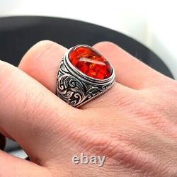 Bague déclaration en argent ambre rouge naturel bague antique 925 sterling fait main