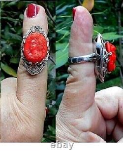 Bague en camée ancien en corail rouge, en argent sterling marcasite taille 6, en filigrane à travail ouvert OOAK