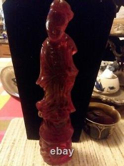 Belle Cherry Red Amber Carving Figure De Chinese Lady Hight 9.5 Statue