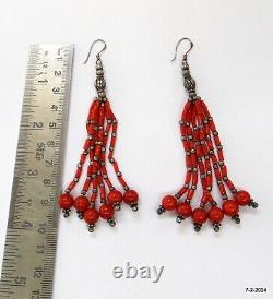 Boucles d'oreilles Vintage Anciennes en Argent avec Pierre de Corail Rouge en Pendentif