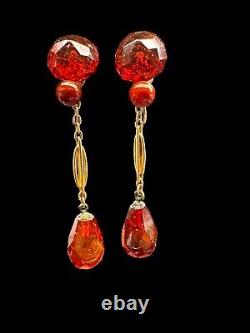 Boucles d'oreilles pendantes en ambre cognac (& cerise) de qualité gemme, en or 10 carats antique