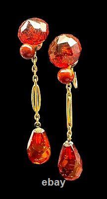 Boucles d'oreilles pendantes en ambre cognac (& cerise) facetté de qualité gemme et en or 10 carats.