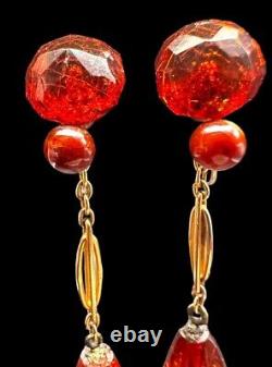 Boucles d'oreilles pendantes en ambre cognac (& cerise) facetté de qualité gemme et en or 10 carats.