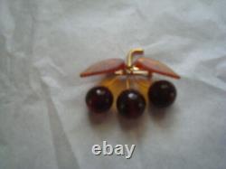 Broche ancienne en pierre d'ambre naturelle russe de la Baltique et en feuilles de cerisier 8kt Gf non traitée
