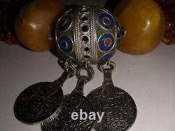 Collier Africain Antique, Berber Amber Avec Perle De Corail En Pierre D'agate Naturelle