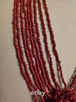 Collier à plusieurs rangs de perles en corail rouge de Méditerranée antique, fait main, RARE