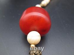 Collier bakélite cerise ambre marbré Balamuti perle nacre MOP 38 vintage