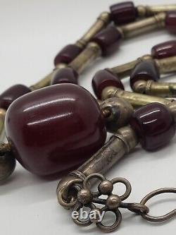 Collier de perles en ambre de cerisier en bakélite en argent sterling antique 925 108 gr