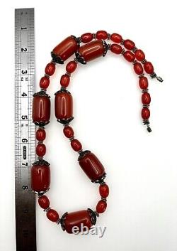 Collier de prière en ambre bakélite rouge cerise vintage avec perles d'argent, 28 pouces, 114g