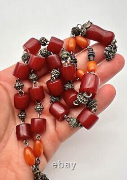 Collier de prière en argent avec perles de bakélite d'ambre de cerisier antique islamique arabe