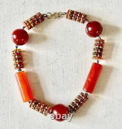 Collier déclaration de perles de bakélite rondes rouges / ambre vintage Art Déco rare