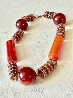 Collier déclaration de perles de bakélite rondes rouges / ambre vintage Art Déco rare