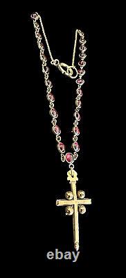 Collier en grenat victorien antique avec chaîne en or 14 carats rempli et pendentif croix