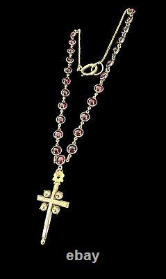 Collier en grenat victorien antique avec chaîne en or 14 carats rempli et pendentif croix