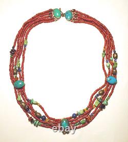 Collier ethnique en howlite rouge, ambre-lapis-lazuli et perles de verre rouge signé VINTAGE 925