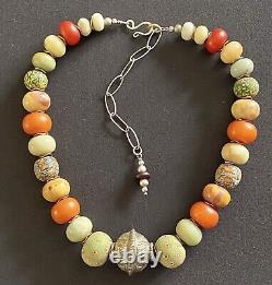 Collier turkmène vintage en perles & Jatim / Amazonite / ambre de copal en résine