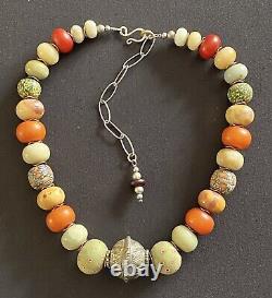 Collier turkmène vintage en perles & Jatim / Amazonite / ambre de copal en résine