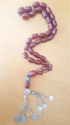 Énorme Antique Faturan Bakélite Perles Ambres Cerise Brun Rouge 6 Pièces D'argent Tassel