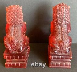 Paire De Figurines De Chien Ambre Sculptées Chinoise Antique 6,5