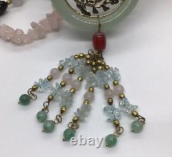 Pendentif à breloques en forme de donut en jade vert MCM avec collier de 30 pouces en quartz bleu et rose et ambre de cerisier