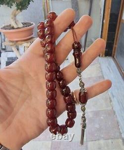Perles de prière inquiètes en ambre antique Faturan rouge cerise Bakelite Catalin, 33 + 1