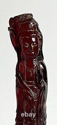 Rare Antique Chinois Sculpté Cherry Amber Statue Guan Yin Déesse Avec Dragon 12