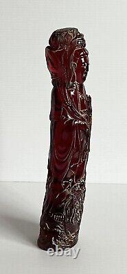 Rare Antique Chinois Sculpté Cherry Amber Statue Guan Yin Déesse Avec Dragon 12