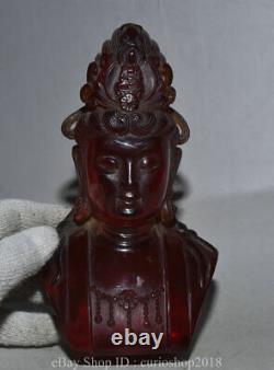 Statue de buste de la Bodhisattva Guanyin Bouddha sculptée en ambre rouge chinois ancien