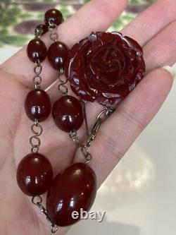 Superbe Antique Art Déco Bakelite Cherry Amber Bead Necklace & Broche Pin