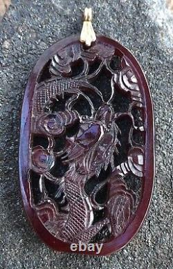 Vieux Chinois 14k Or Rouge Cerise Amber Bakelite Sculpté Dragon Pendentif Percé
