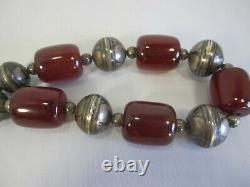 Vintage Antique Cherry Amber Bakelite Bead Necklace Avec Niello Silver
