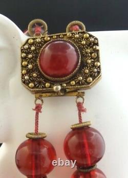 Vintage Chinese Gilt Sterling Silver Cherry Amber Bakelite 2 Stand Collier