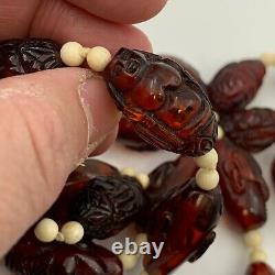 Vintage Chinois Hediao Sculpté Cherry Amber Bakelite Perle Lohan Bouddha Collier