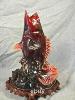 Vintage Chinois Sculpté Finement Cherry Amber Leaping Fish Sculpture 28cm 1982 G