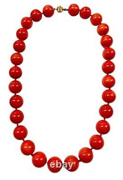 Vintage Collier Choker en perles de corail rouge Faux de 12mm avec fermoir en or jaune 14k