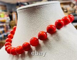 Vintage Collier Choker en perles de corail rouge Faux de 12mm avec fermoir en or jaune 14k