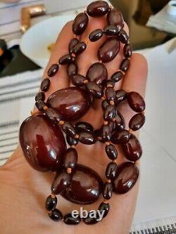 Vtg Deco Gradué Faturan Marbled Cherry Amber Bakelite Perle Collier 105g 35in