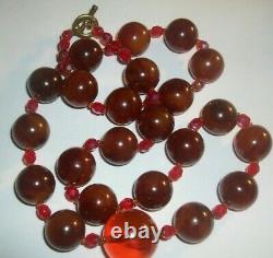 Wow Vintage 40s Bakelite Cherry Red Amber Rond Collier Perlé 113.5g- 28 Long